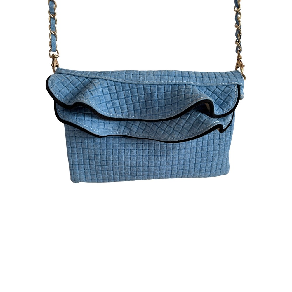 Blue Woven Leather Ruffle Crossbody Bag Made in Italy Gold Chain Strap Vintage